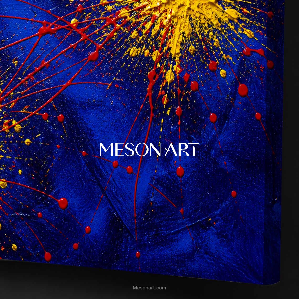Original Yellow Blue Abstract Pollock Style Art With Dynamic Splatter Technique For Living Room