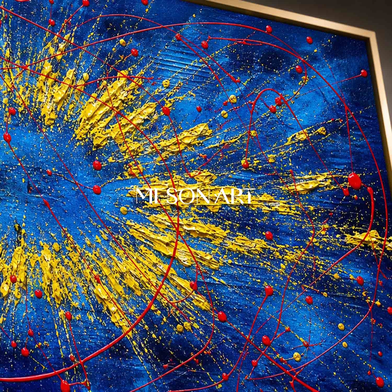 Bold Abstract Blue And Gold Painting With Textured Relief For Modern Living Room Decor
