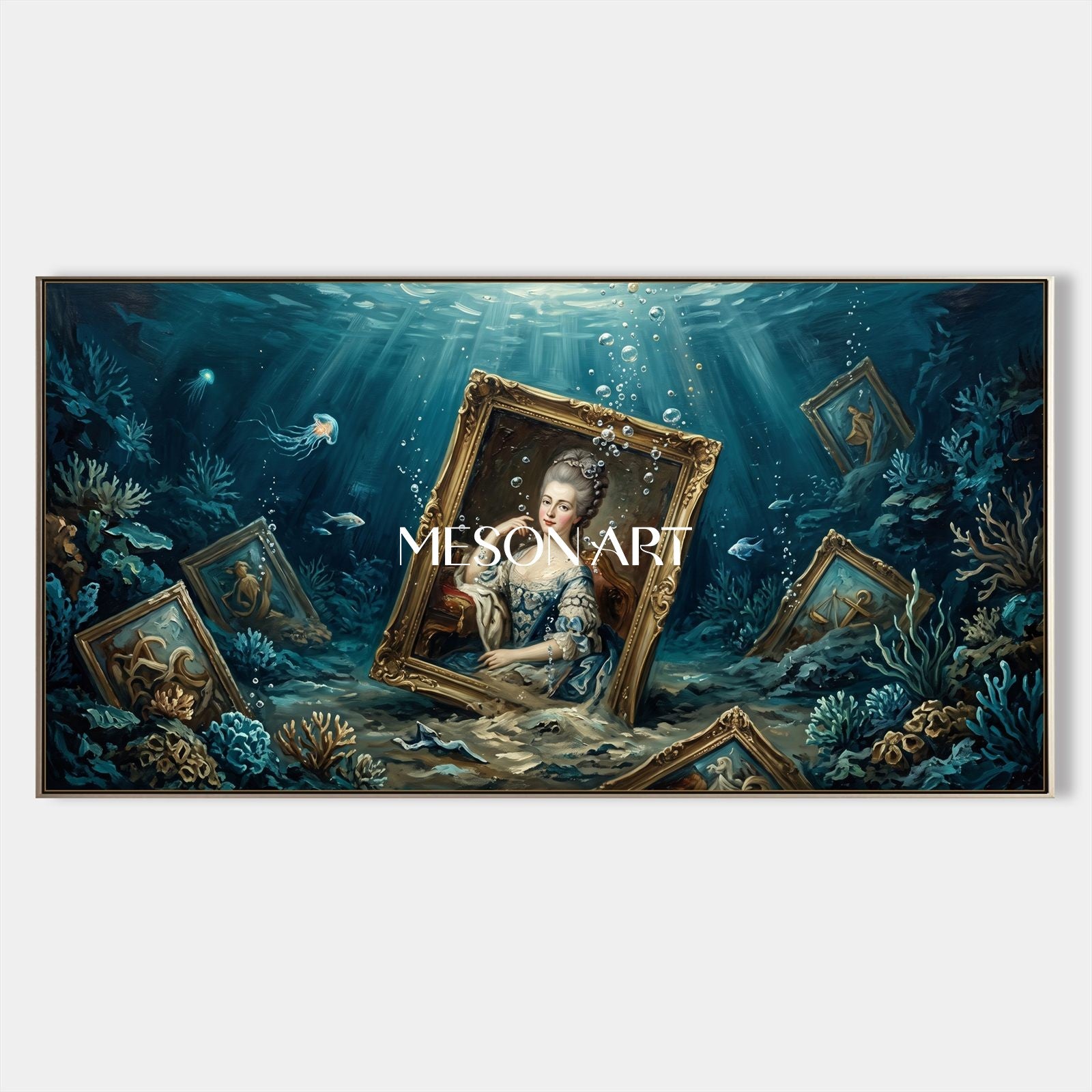 Blue And Gold Surrealism Figurative Art Panoramic Wall Decor Original Artist Hand Painted By Mesonart