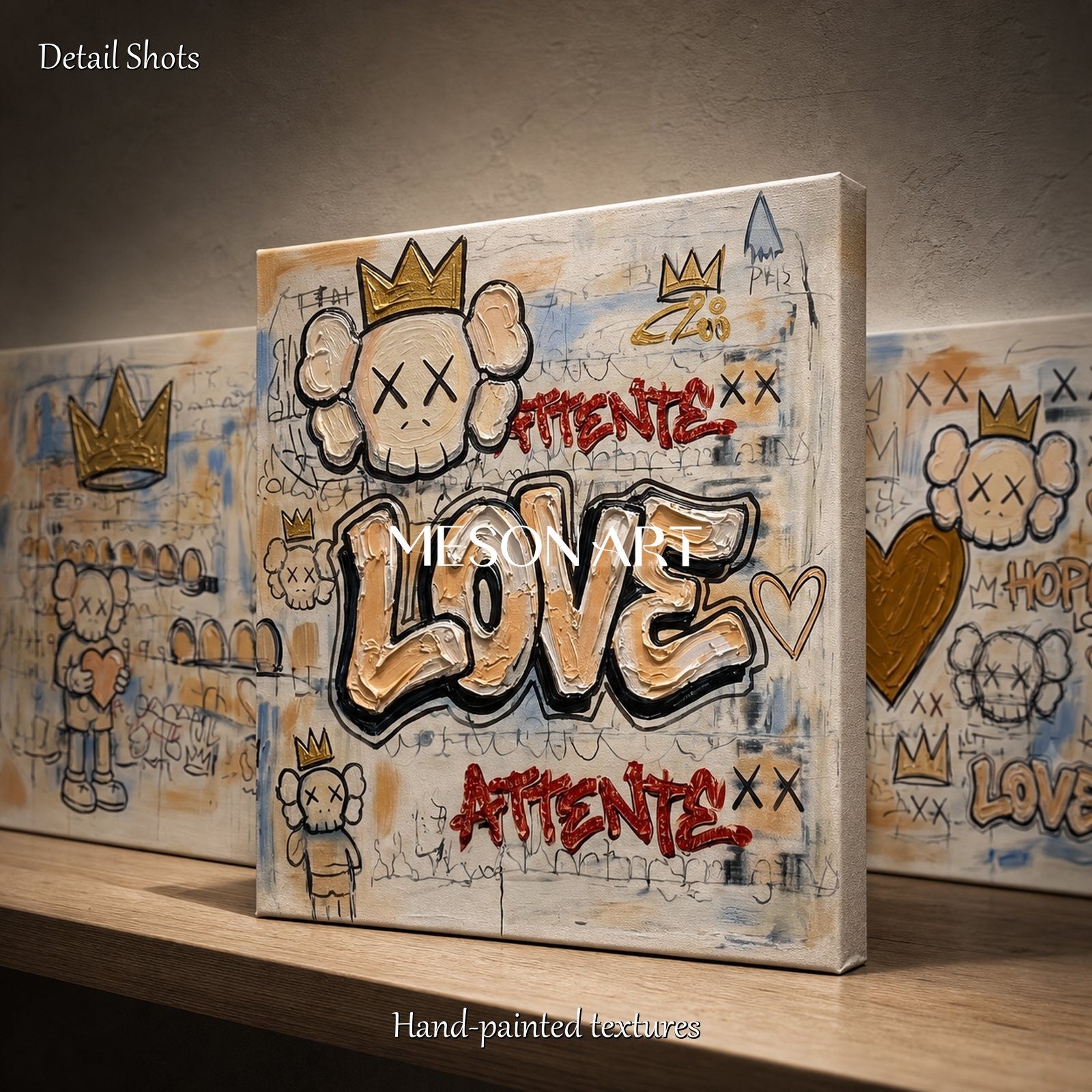 Urban Graffiti Wall Art With Crown And Heart Motifs For Modern Living Room Decor