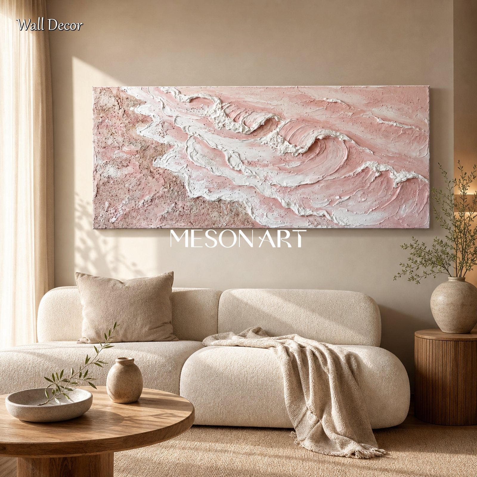 Large Pink 3D Plaster Art With Textured Waves For Modern Bedroom Decor