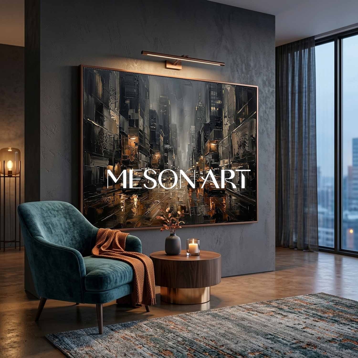 Abstract City Street Painting With Plaster Texture For Industrial Loft Living Room