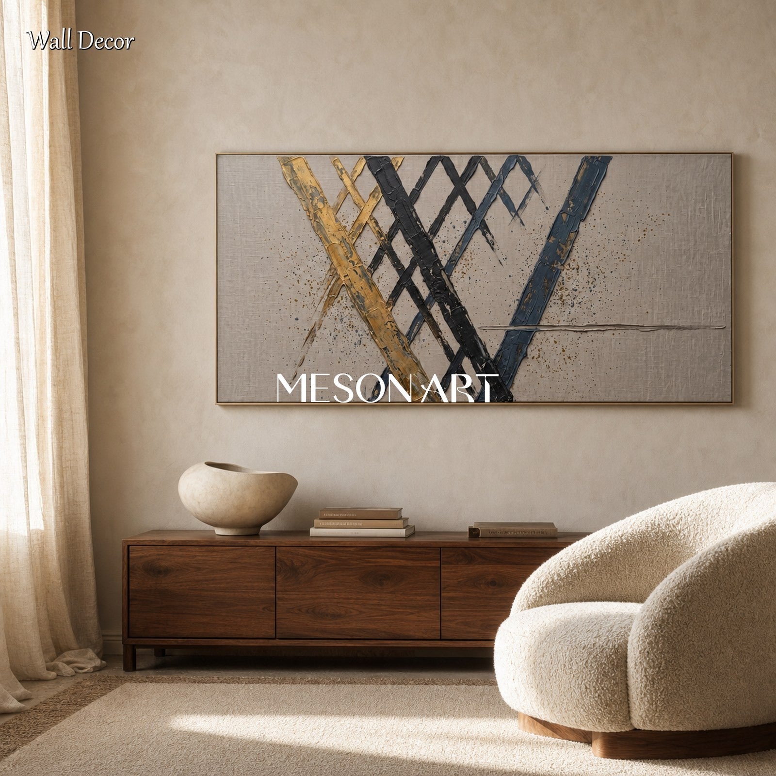 Minimalist Abstract Painting With Gold Accents For Living Room And Home Office Decor