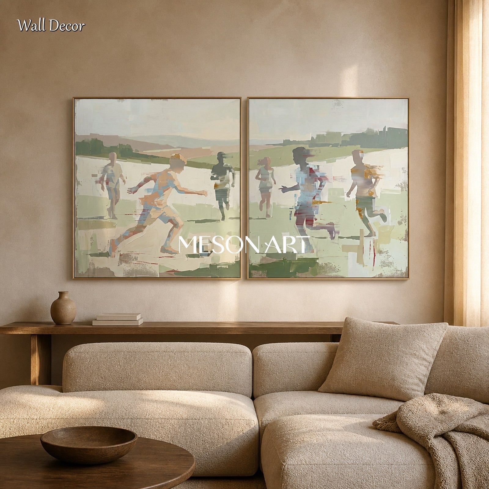 Green And Beige Abstract Sports Painting Contemporary Figurative Art Square Wall Decor By Mesonart