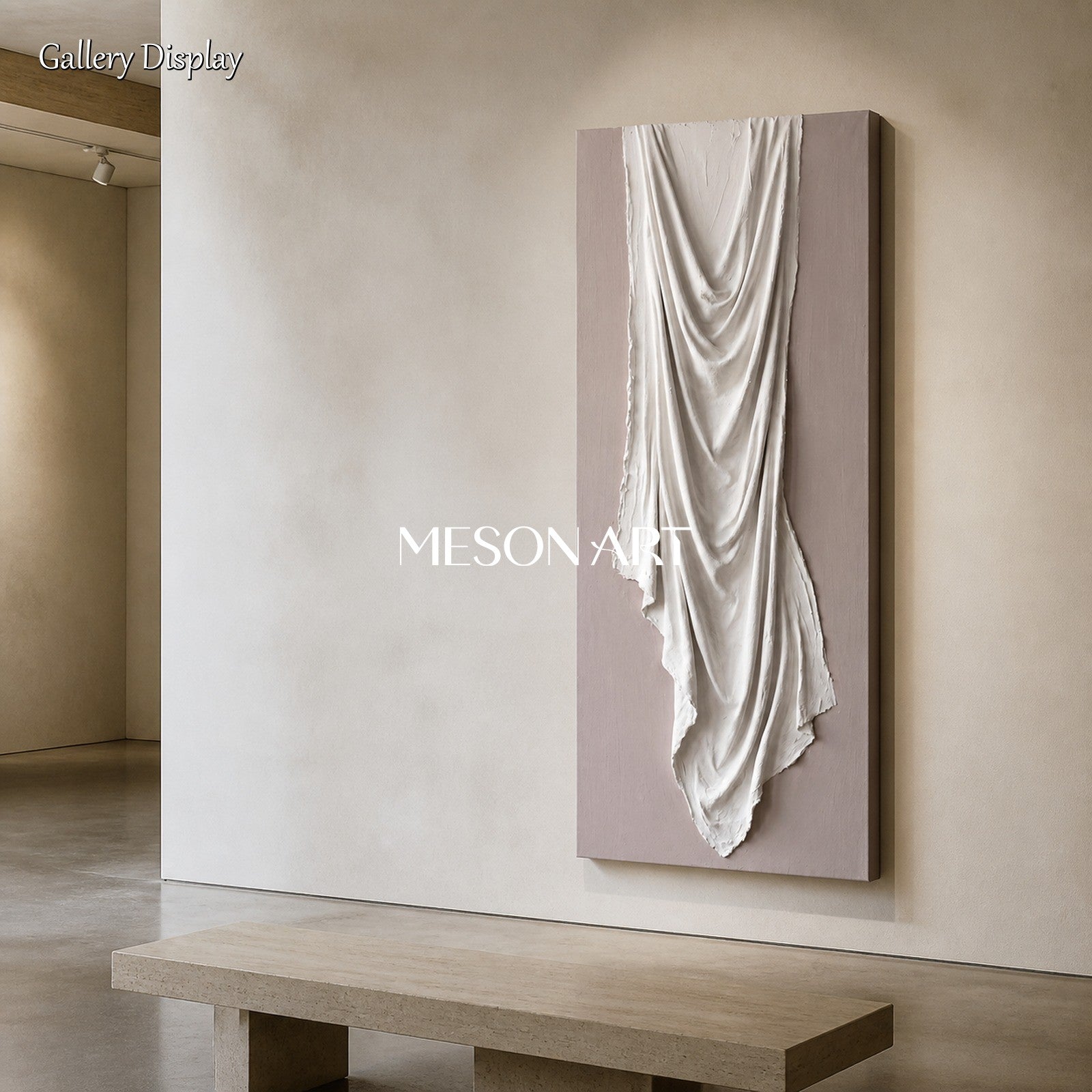 White And Beige 3D Textured Wall Art Minimalist Sculptural Panoramic Painting By Mesonart