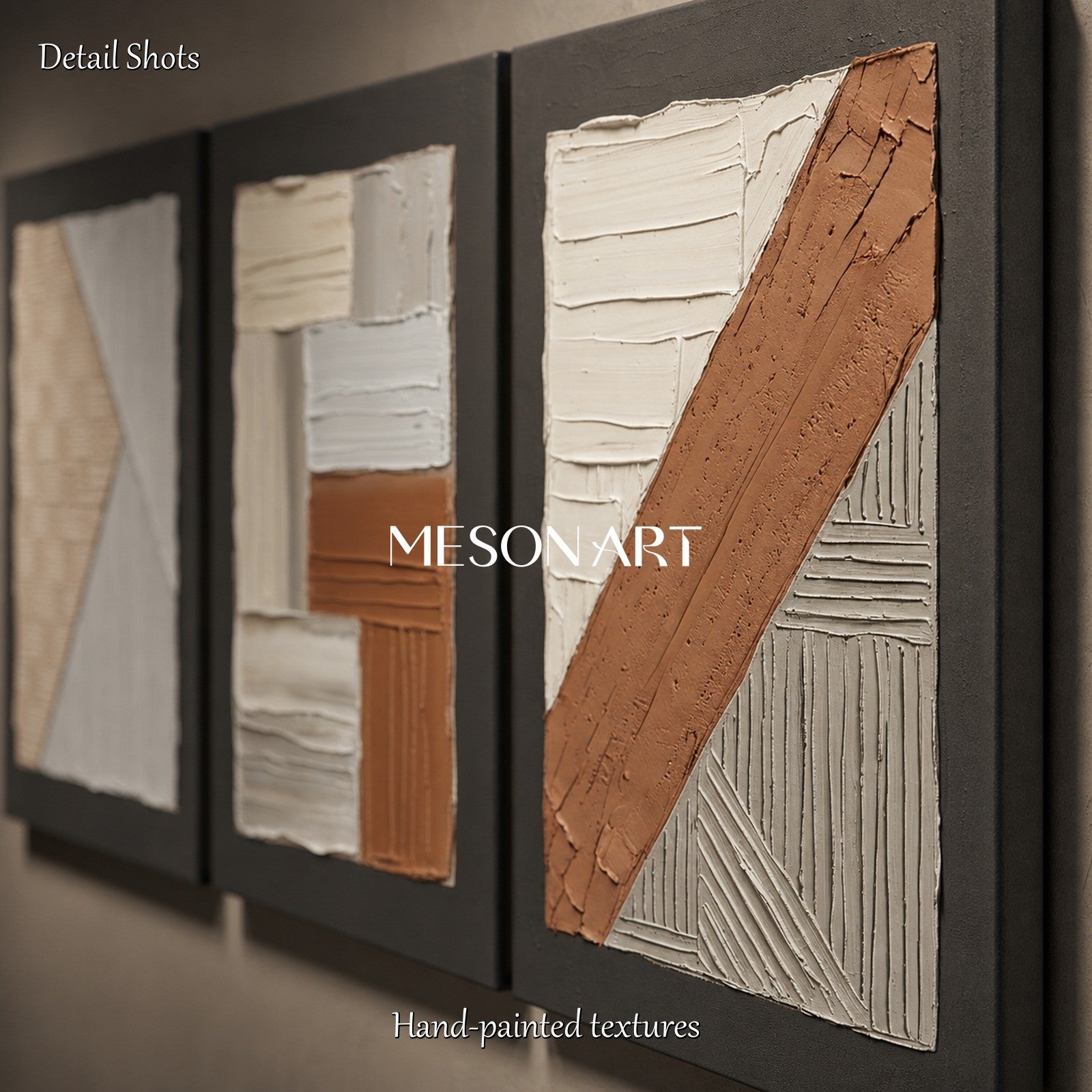 Minimalist Brown White Textured Wall Art Triptych For Modern Living Room Decor