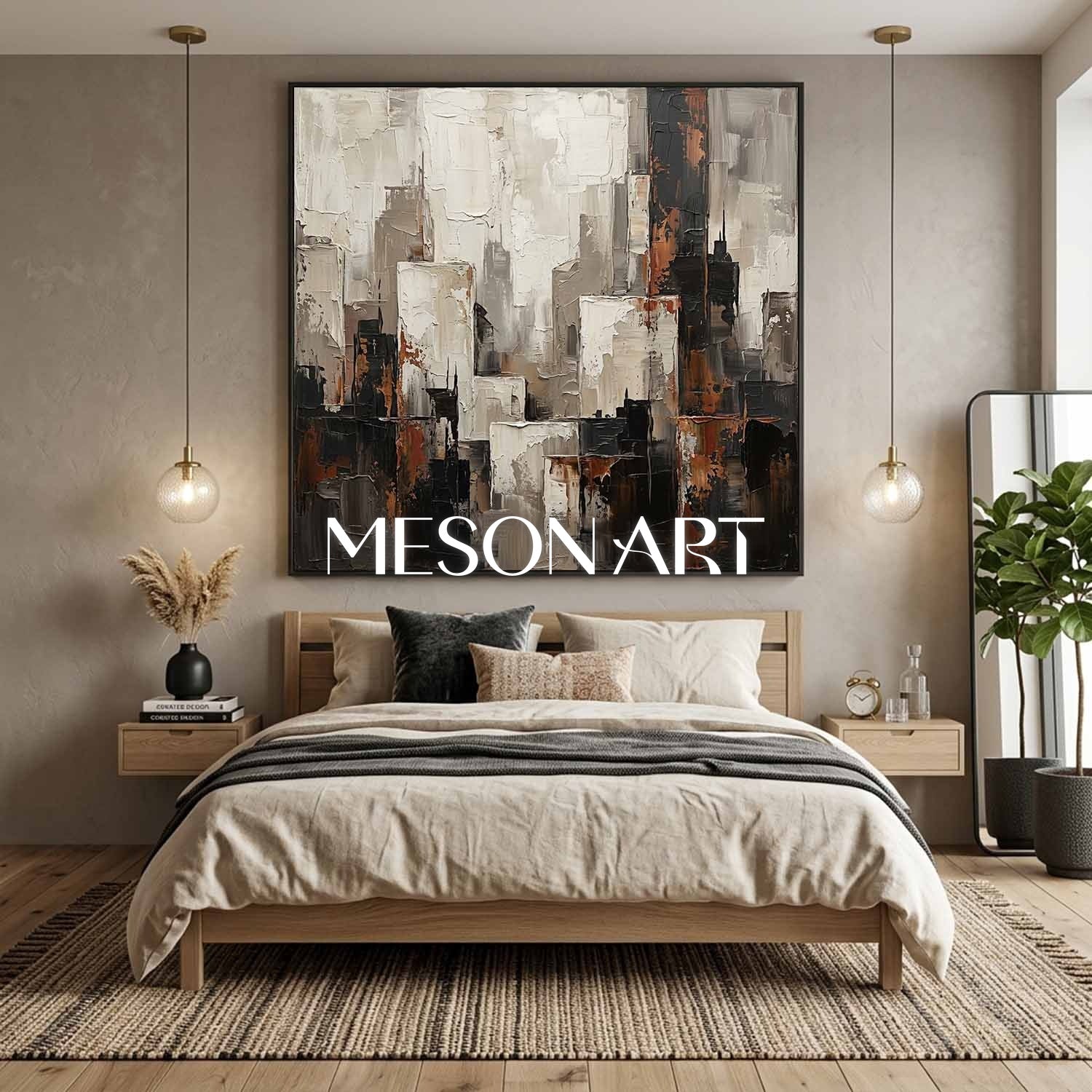 Abstract City Skyline Plaster Art With Thick Textured Relief For Industrial Loft Living Room