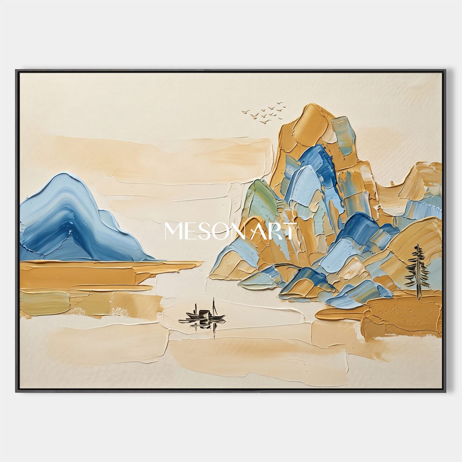 ベージュとブルーのミニマルな風景画 長方形のウォールアート Mesonart