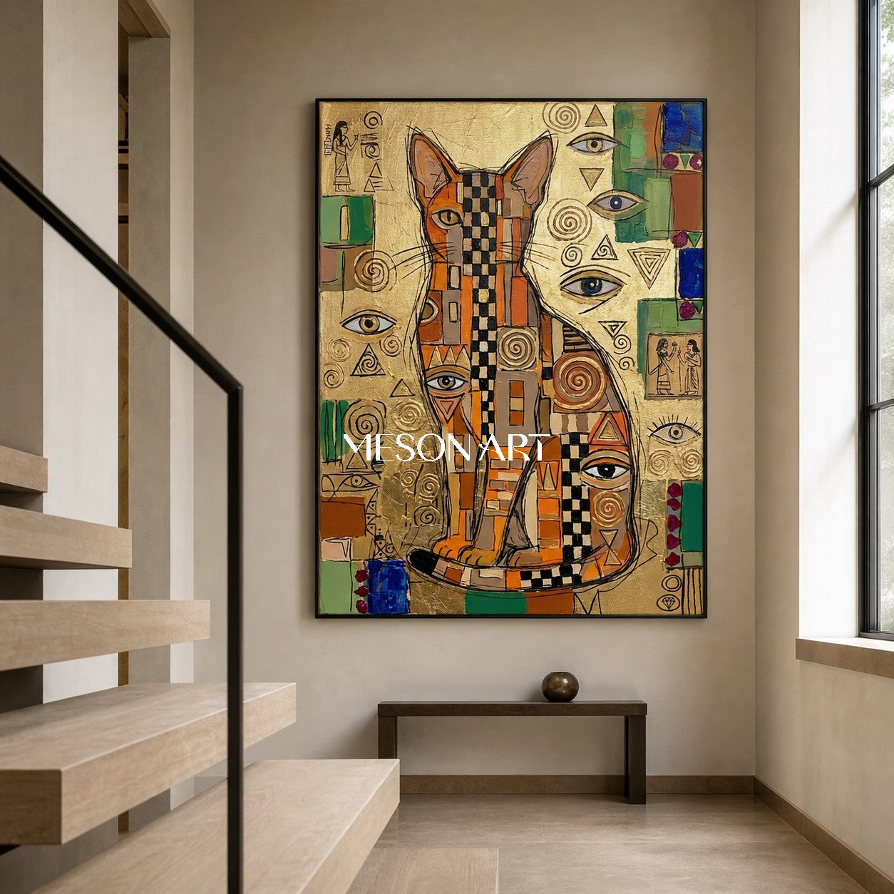 Luxury Golden Egyptian Cat Painting With Geometric Mosaic And Symbolic Eyes For Living Room Decor