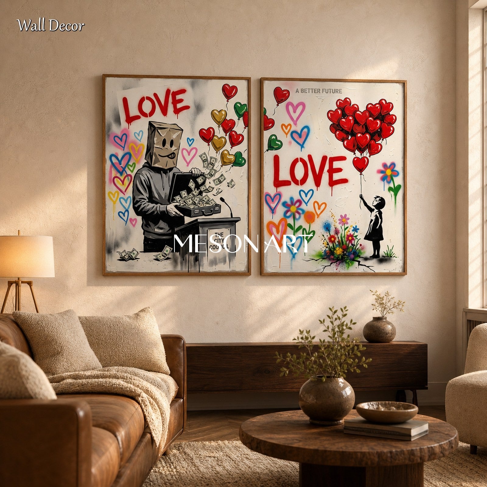Red And Black Graffiti Painting With Heart Motif Rectangular Wall Art For Living Room By Mesonart