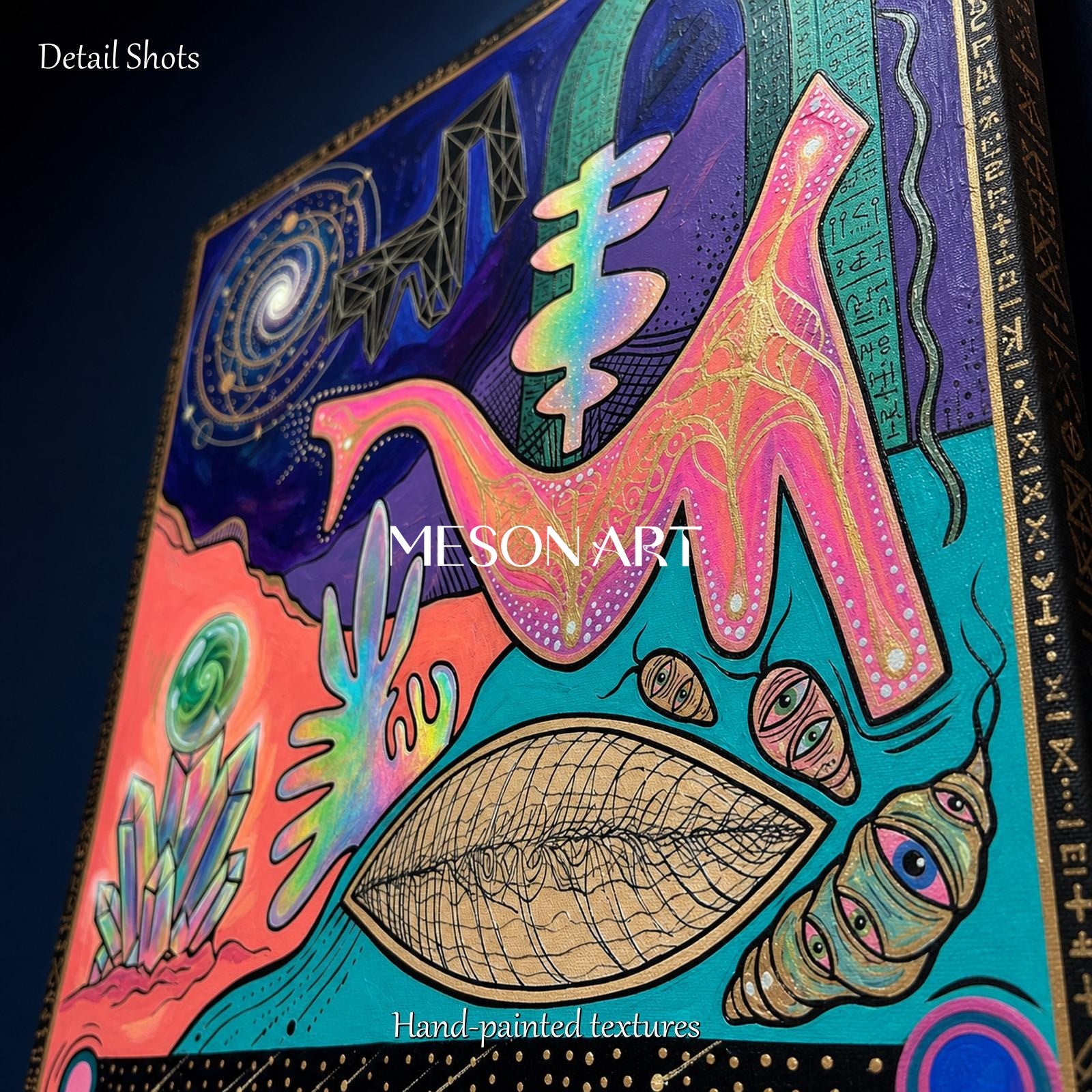 Abstract Surreal Painting With Cosmic Symbols For Modern Living Room Decor