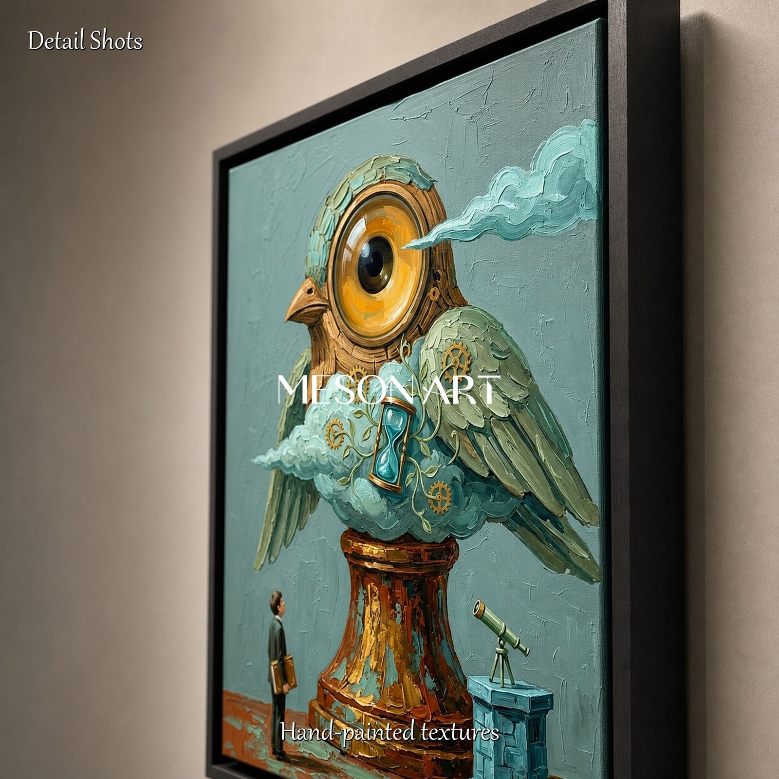 Surrealist Mechanical Owl Canvas Art With Gold Gears For Living Room And Home Office Decor