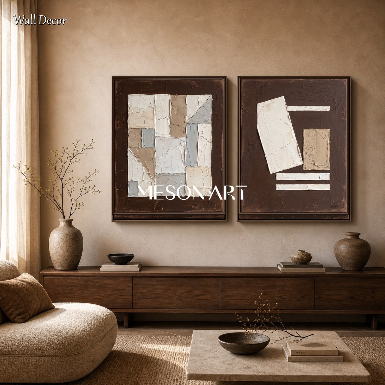 Brown Abstract Plaster Art Diptych For Wabi Sabi Home Decor Original Oil Painting