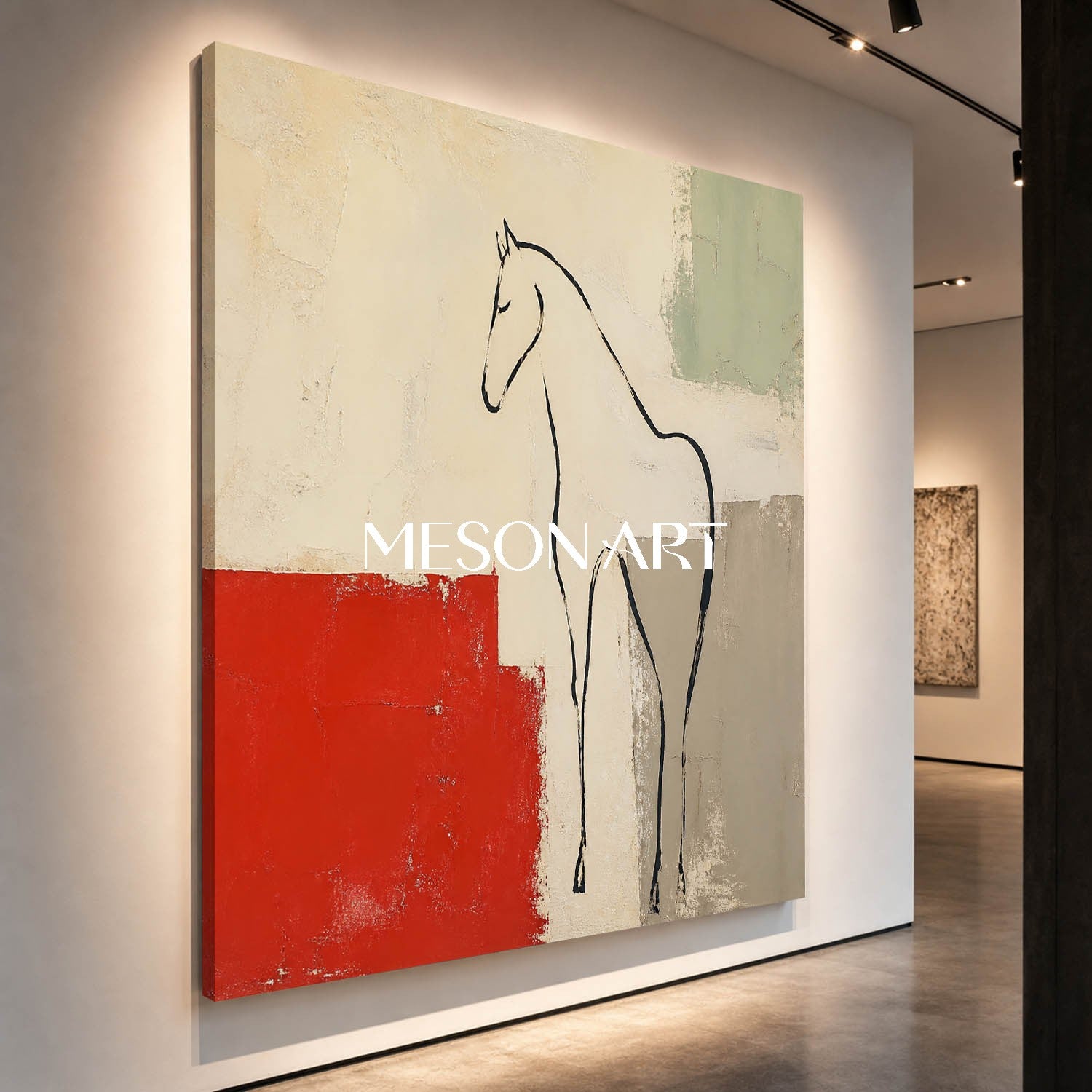 Minimalist Horse Painting With Red Accent For French Romantic Living Room Decor