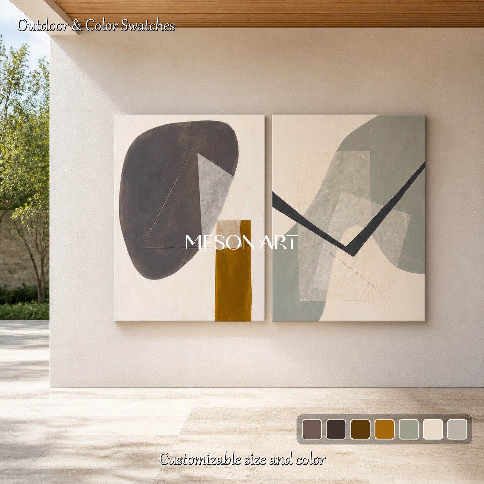 Beige And Gray Contemporary Figurative Painting Original Art Rectangular Wall Decor For Living Room By Mesonart