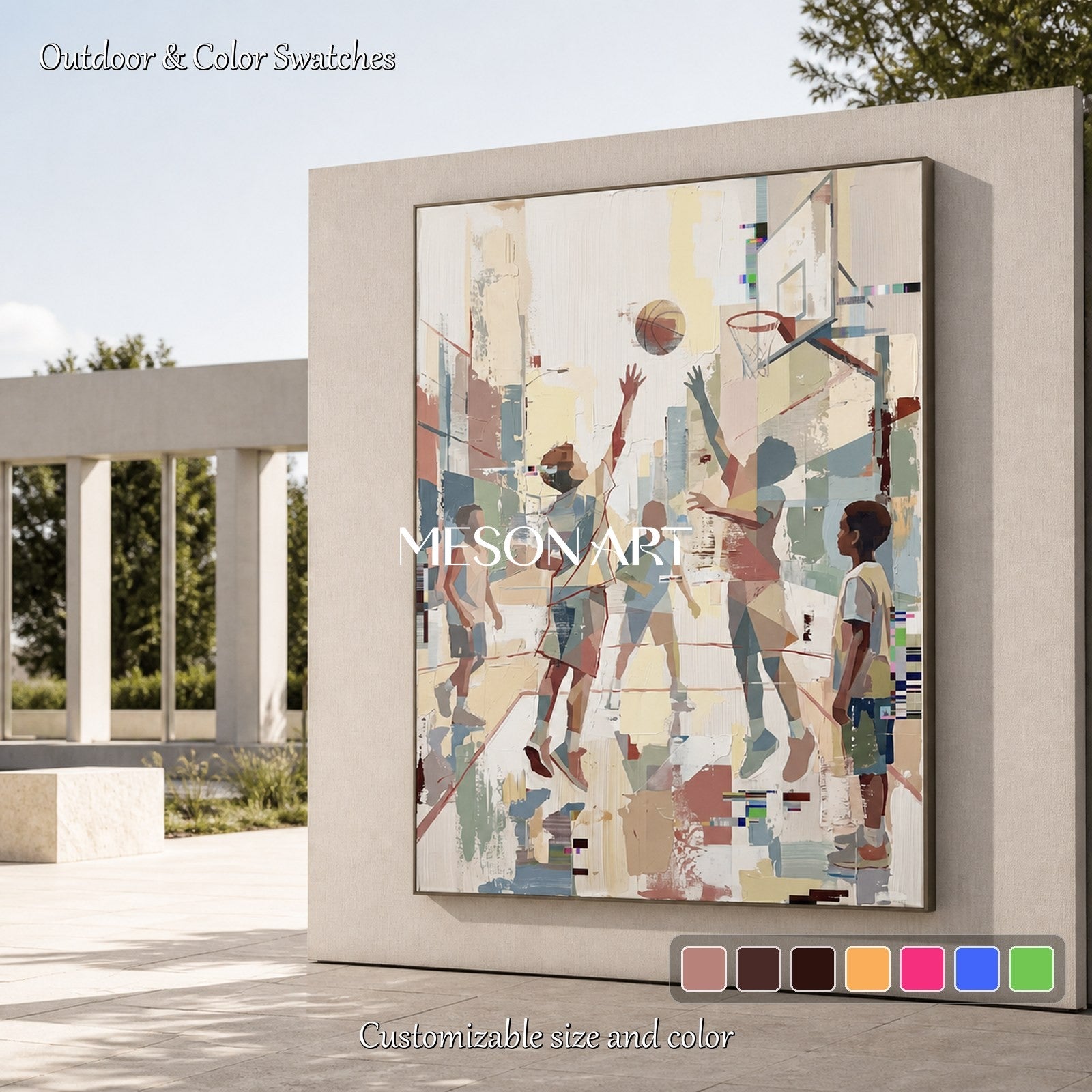 Beige Abstract Figurative Painting Contemporary Sports Art For Living Room Rectangular Wall Decor By Mesonart