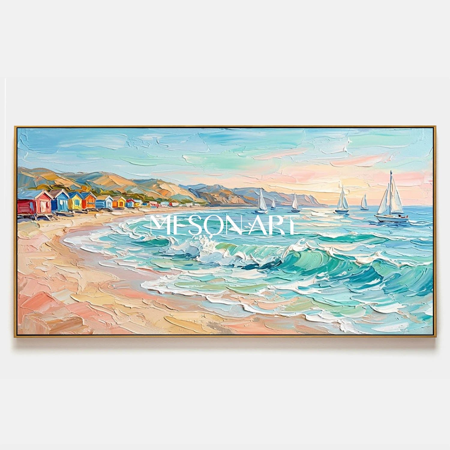 Luxury Coastal Wall Art With Turquoise Waves And Sailboats For Living Room Decor
