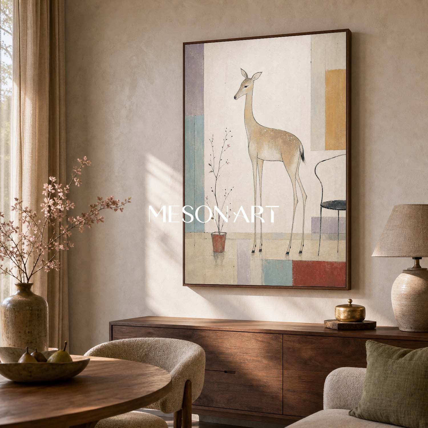 Minimalist Deer Painting With Geometric Shapes For Modern Living Room And Bedroom Decor
