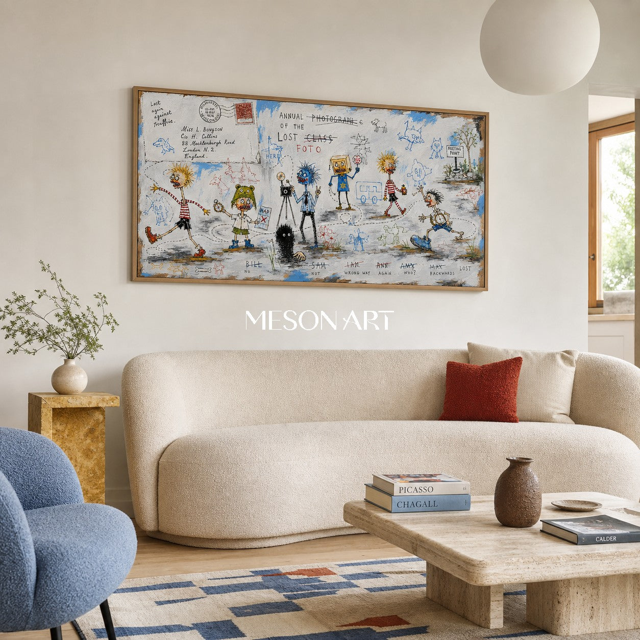 Blue And White Graffiti Narrative Figurative Cartoon Panoramic Wall Art For Living Room By Mesonart