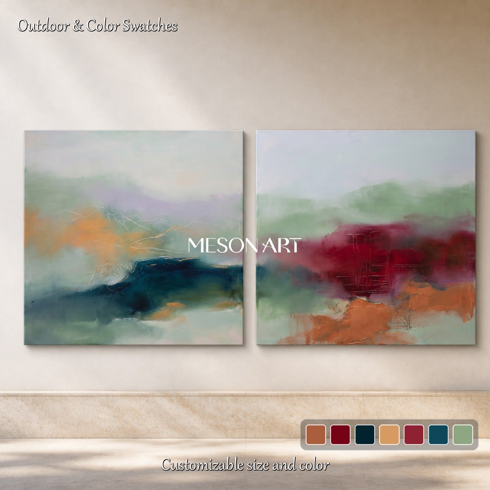 Green And Orange Abstract Landscape Painting Square Wall Art Modern Contemporary Original Artist By Mesonart