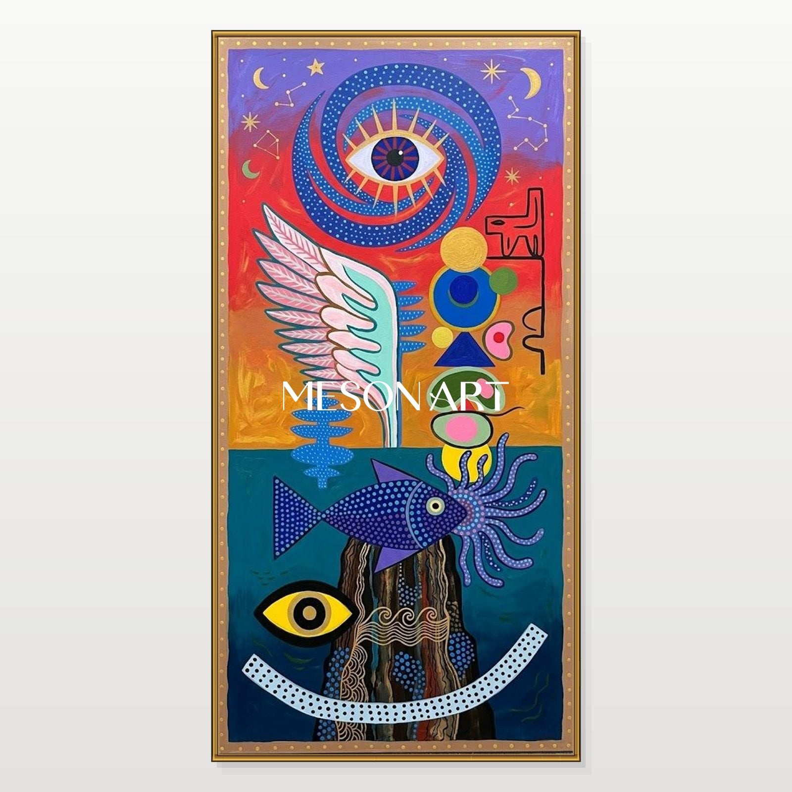 Surrealist Abstract Painting With Cosmic Symbols For Modern Living Room Decor