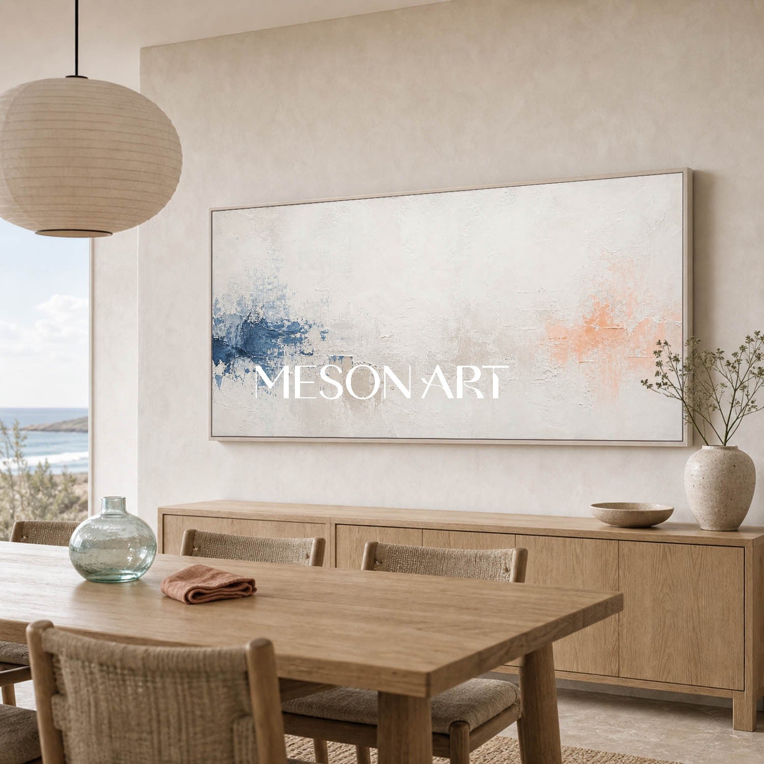 Blue And White Minimalist Abstract Painting For Modern Living Room Decor With Textured Canvas