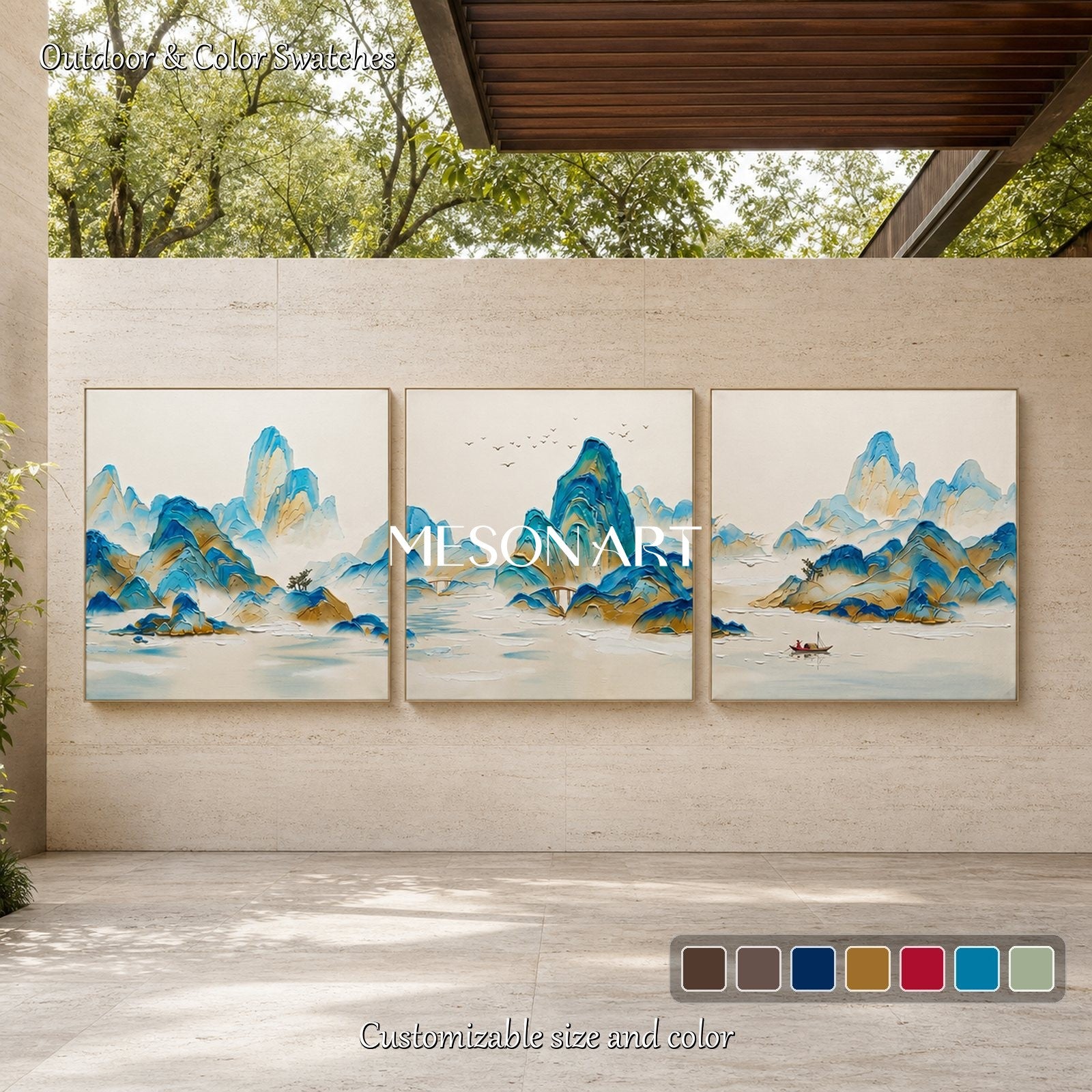 ديكور حائطي مربع مرسوم يدويًّا من Mesonart، يصور منظرًا جبليًّا عصريًّا باللونين الأزرق والبيج