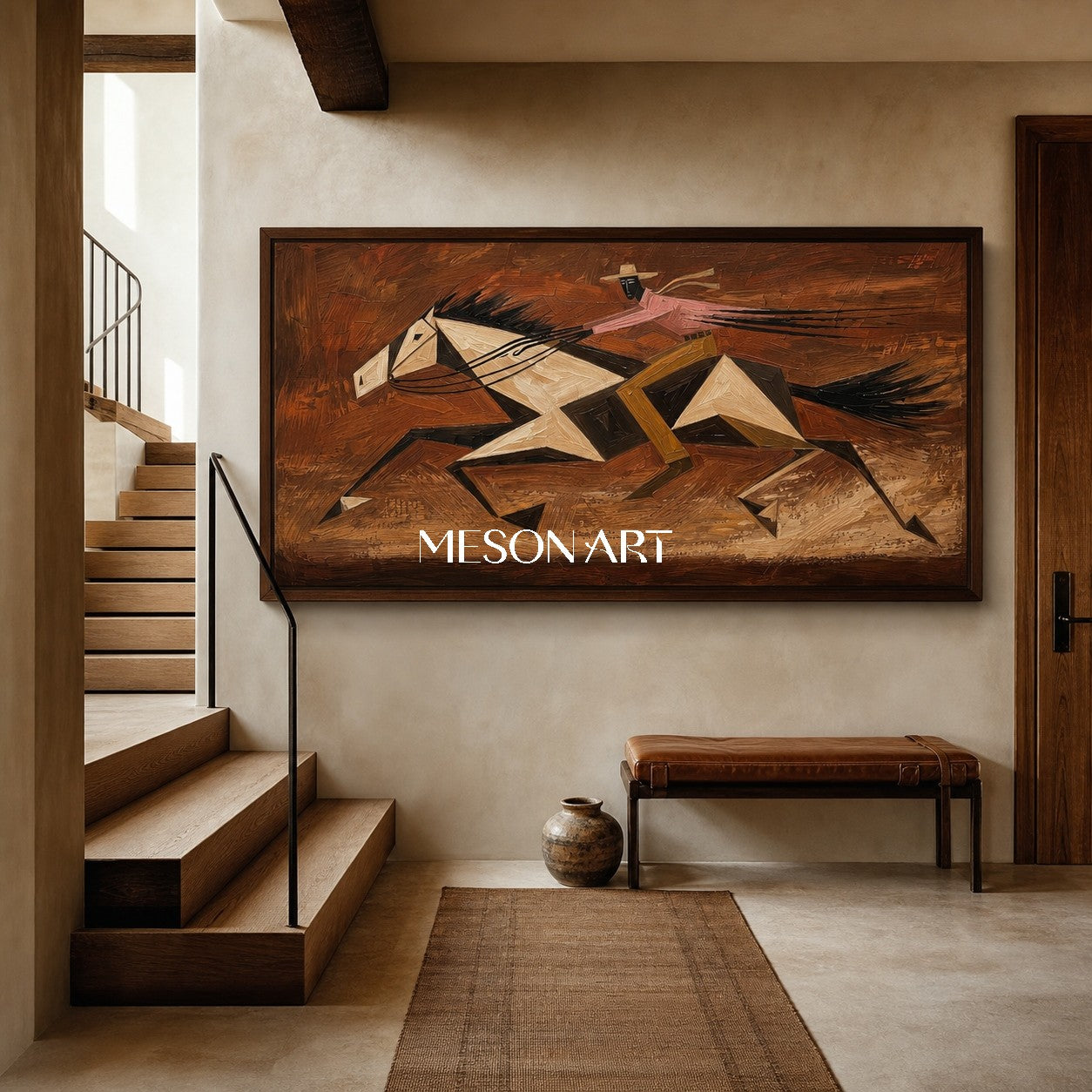 Abstract Geometric Horse Racing Painting With Textured Relief For Modern Living Room Decor