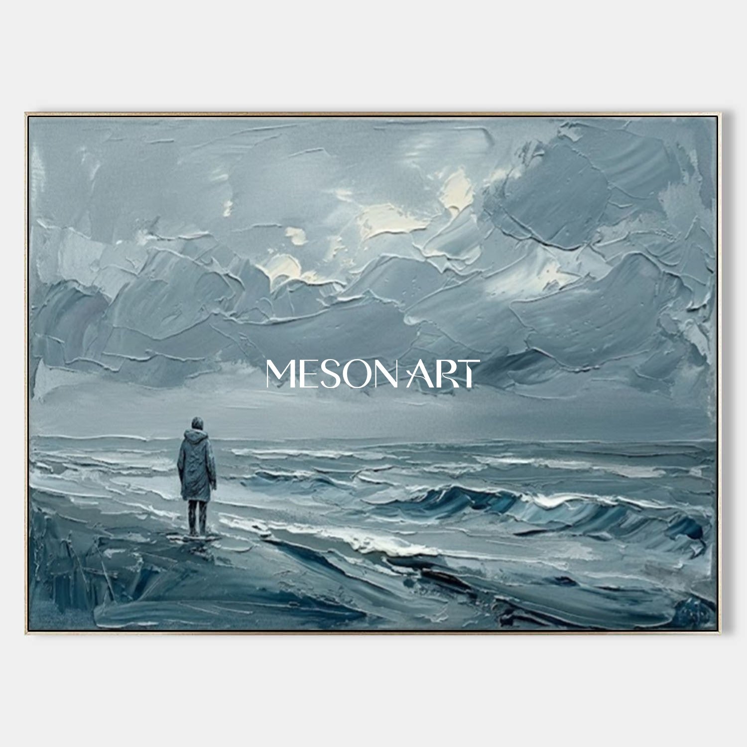 Minimalist Abstract Seascape Painting With Solitary Figure For Modern Living Room Decor