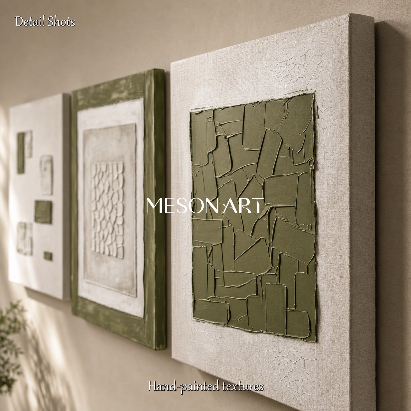 Green And White Minimalist Abstract Art Triptych For Modern Living Room Decor