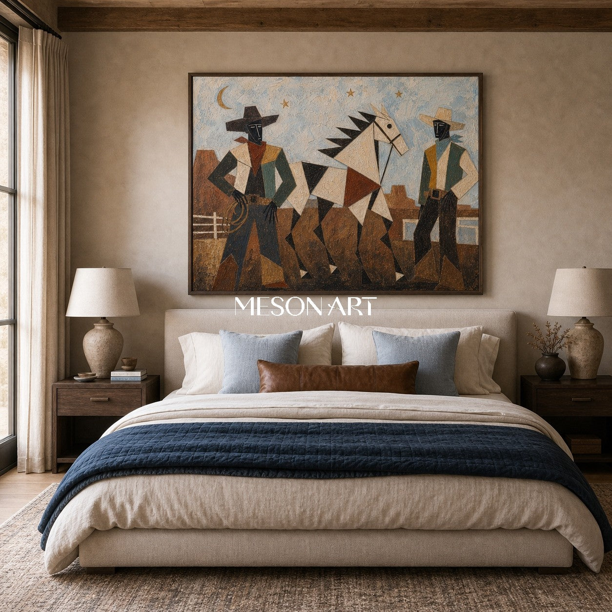 Geometric Cowboy And Horse Painting For Modern Living Room Decor