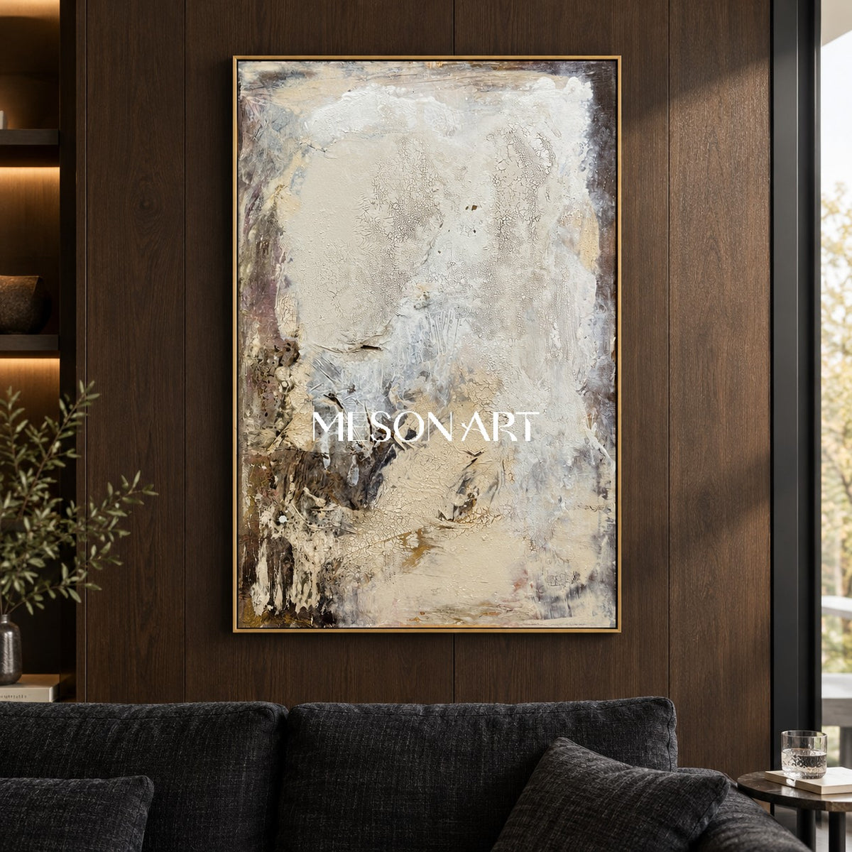 Neutral Black And White Abstract Painting Modern Textured Canvas Wall Art For Living Room By Mesonart
