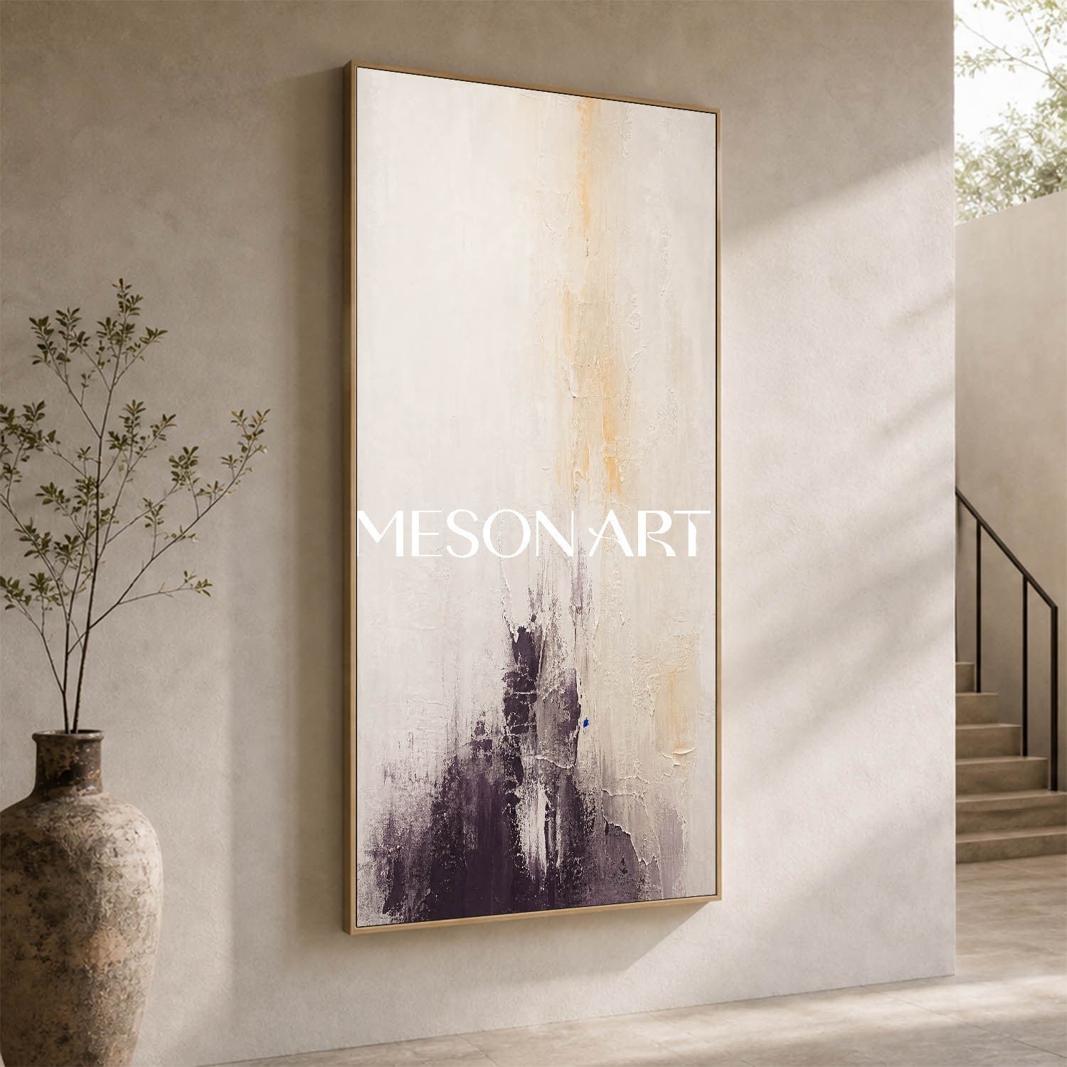 Abstract Beige And Black Minimalist Painting For Narrow Hallway Entryway Wall Art