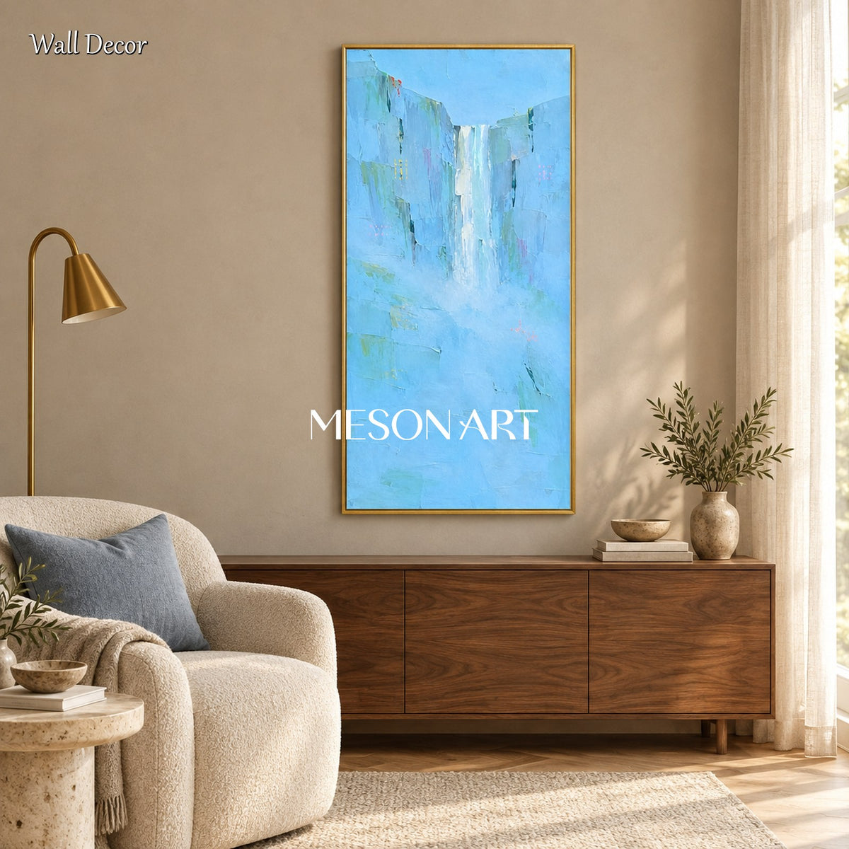 Blue And White Abstract Landscape Panoramic Textured Art Original Artist Hand Painted By Mesonart