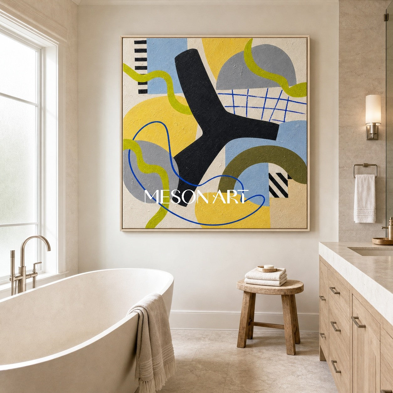Colorful Abstract Geometric Art With Yellow And Blue For Modern Living Room Decor