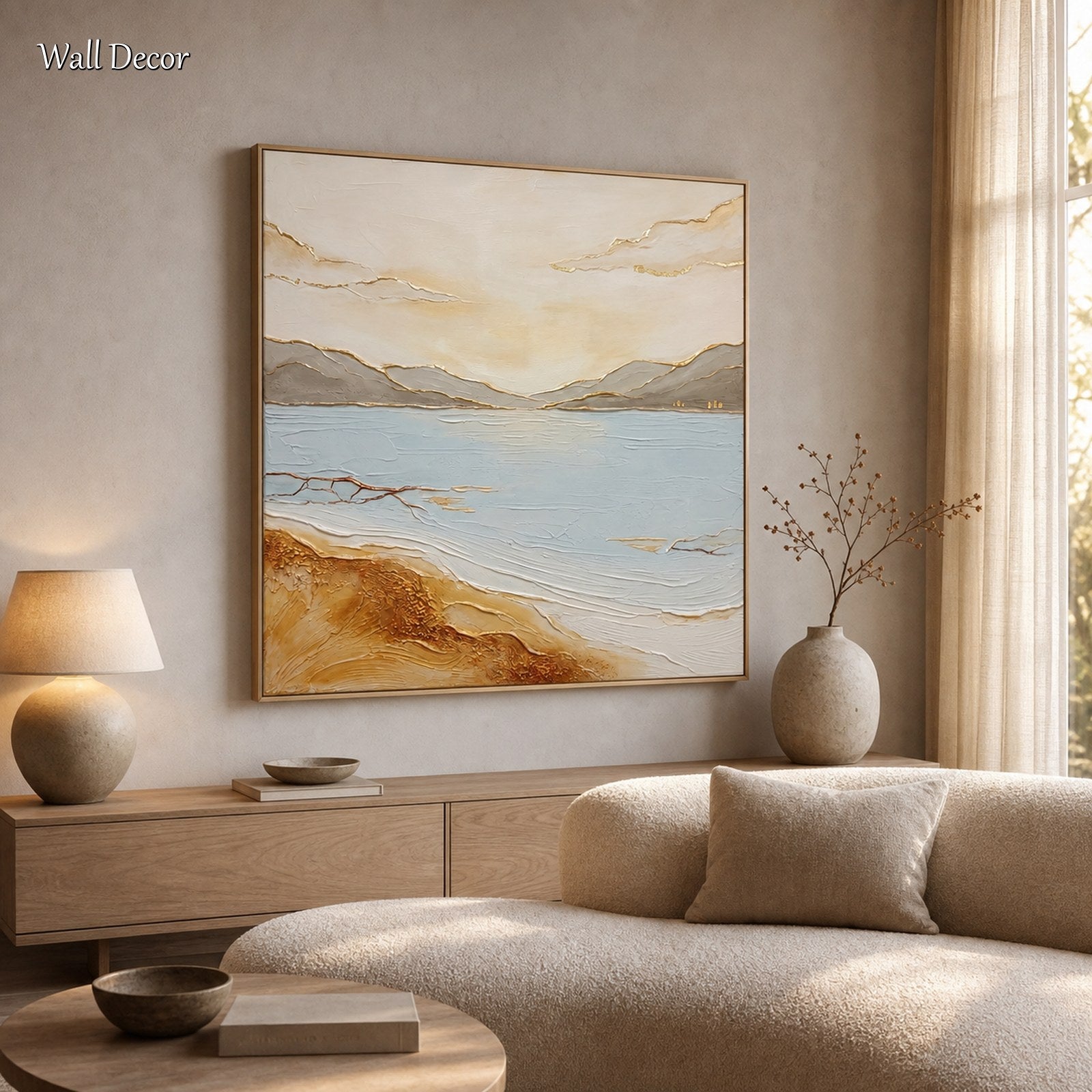 Quadro Art Déco raffigurante l’alba sul lago, con sabbia a rilievo e dettagli dorati, per il soggiorno