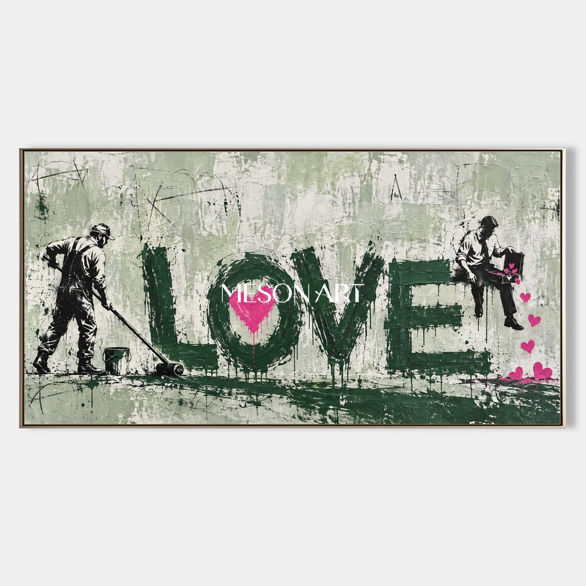 Green And Pink Abstract Graffiti Painting Hand Painted Neo Expressionist Panoramic Wall Art By Mesonart