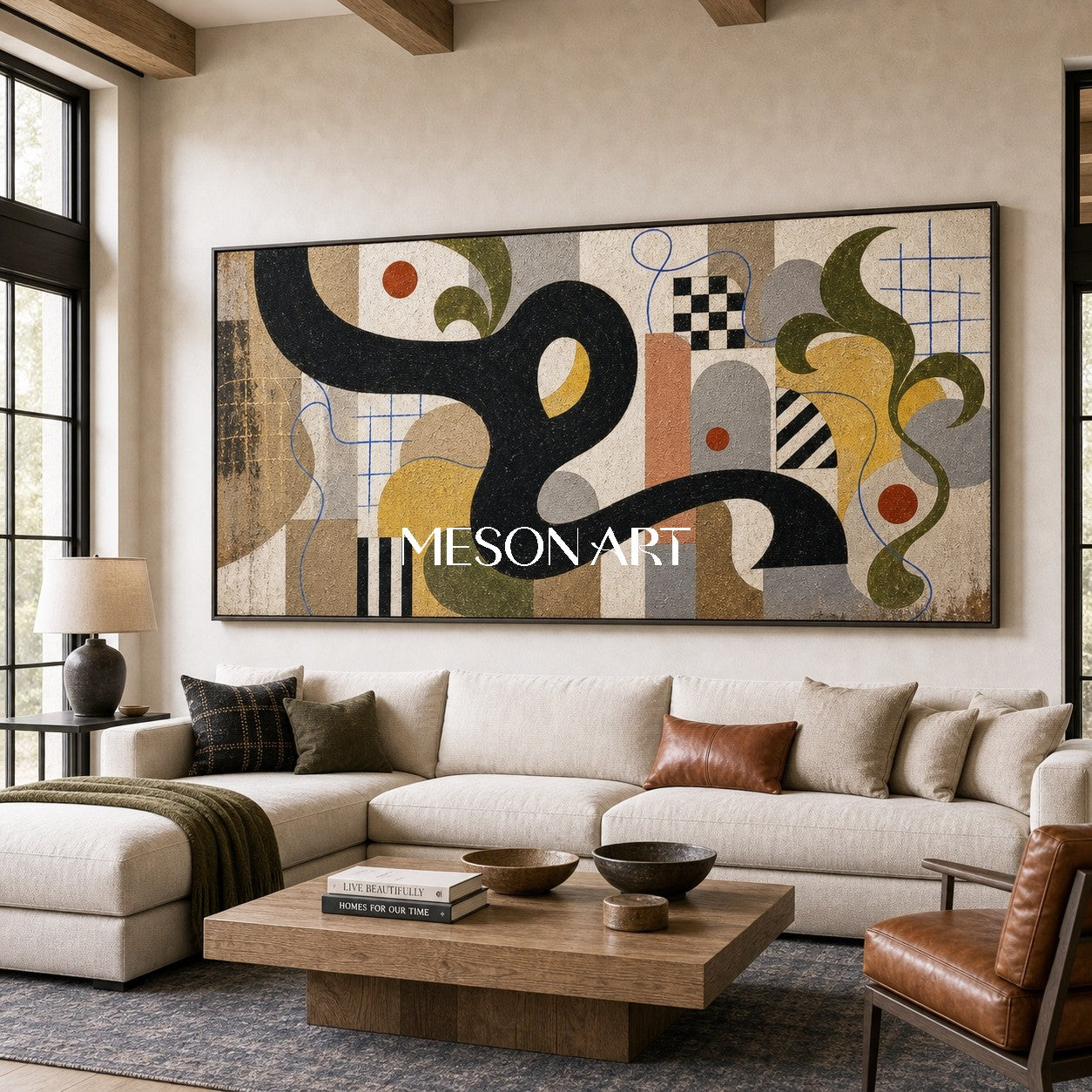 Mid Century Modern Abstract Painting With Geometric Shapes And Organic Lines For Living Room Decor
