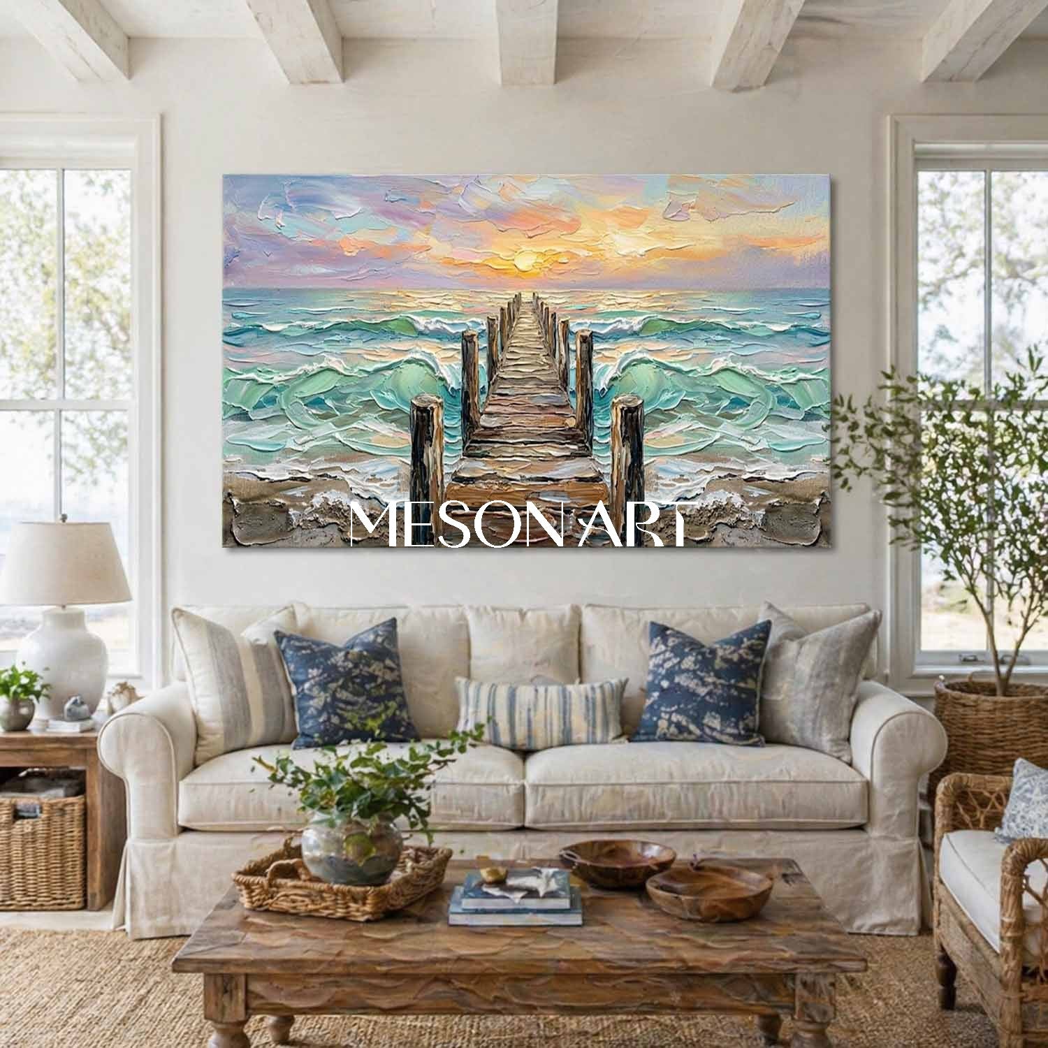 Luxury Coastal Seascape Art With Golden Sunset And Textured Waves For Living Room