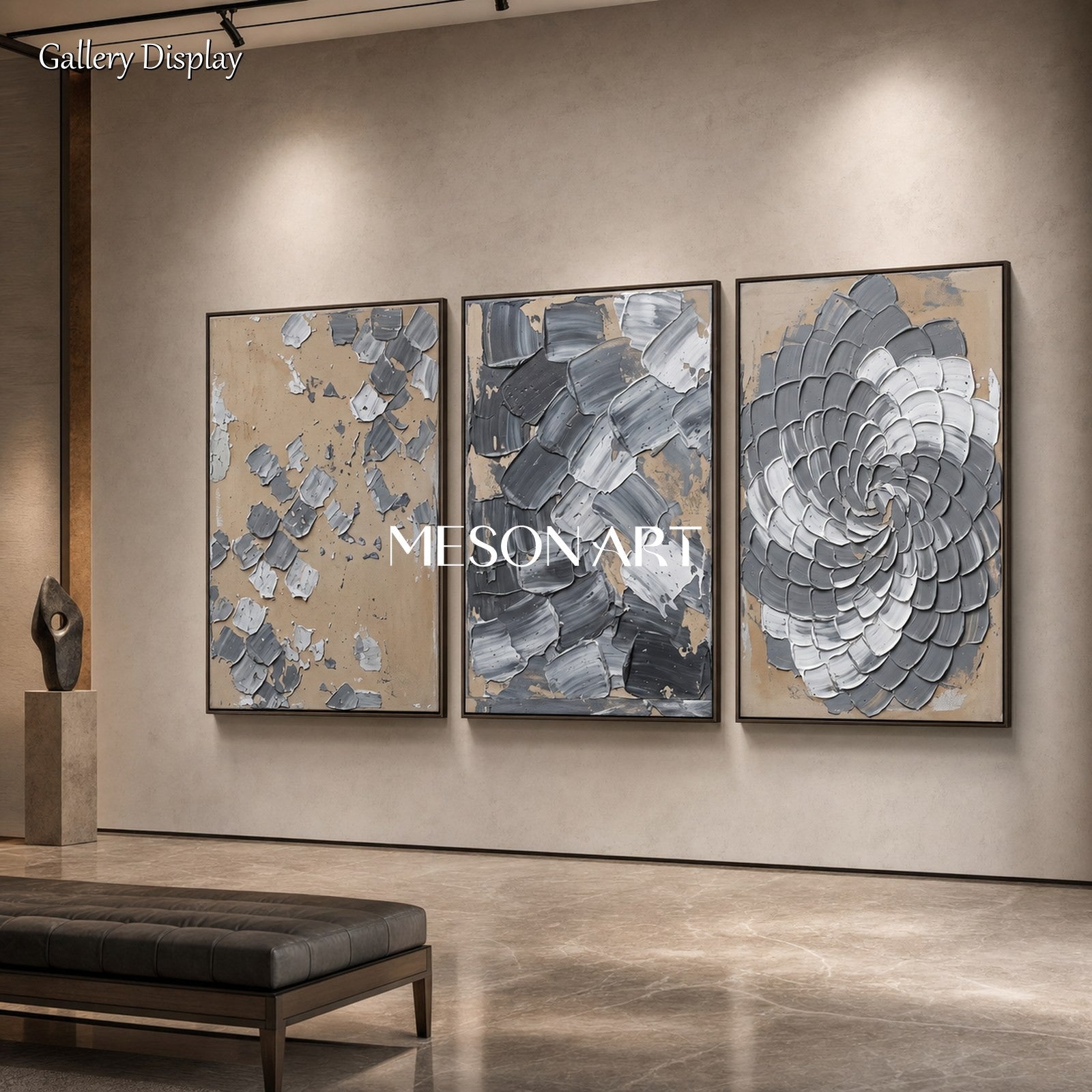 Handmade Textured Abstract Triptych Painting In Brown And Gray For Modern Living Room Decor