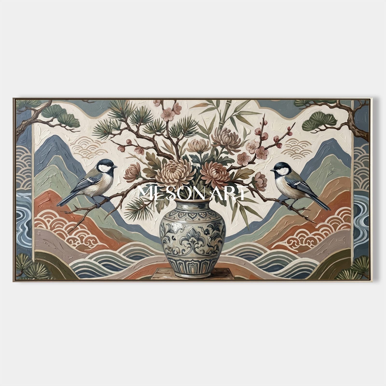 Large Chinoiserie Bird And Floral Art Painting With Textured Relief For Living Room Decor
