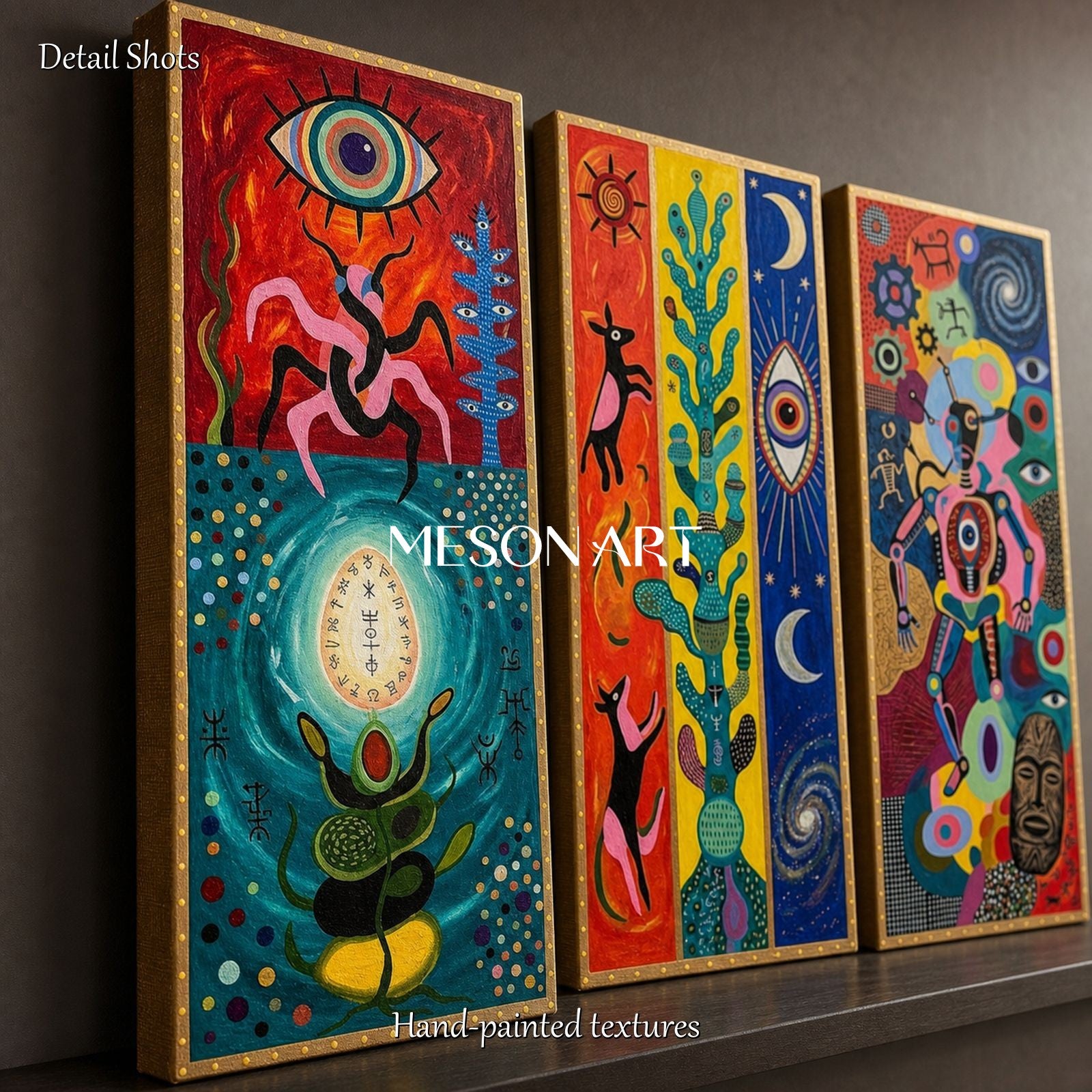 Bold Surrealist Wall Art With Tribal Motifs For Modern Living Room Decor