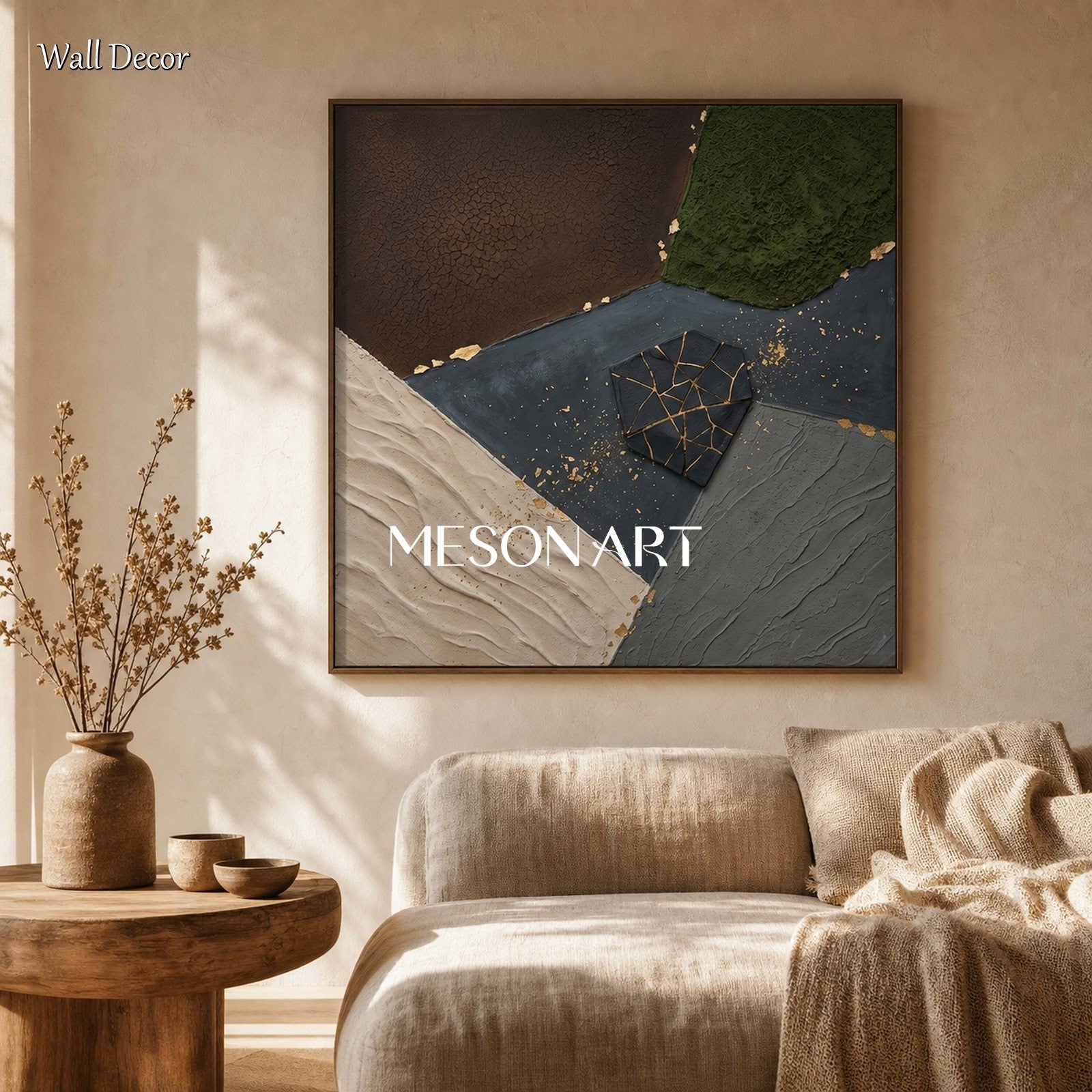 Textured Plaster Abstract Painting With Gold Accents For Modern Living Room Wall Decor