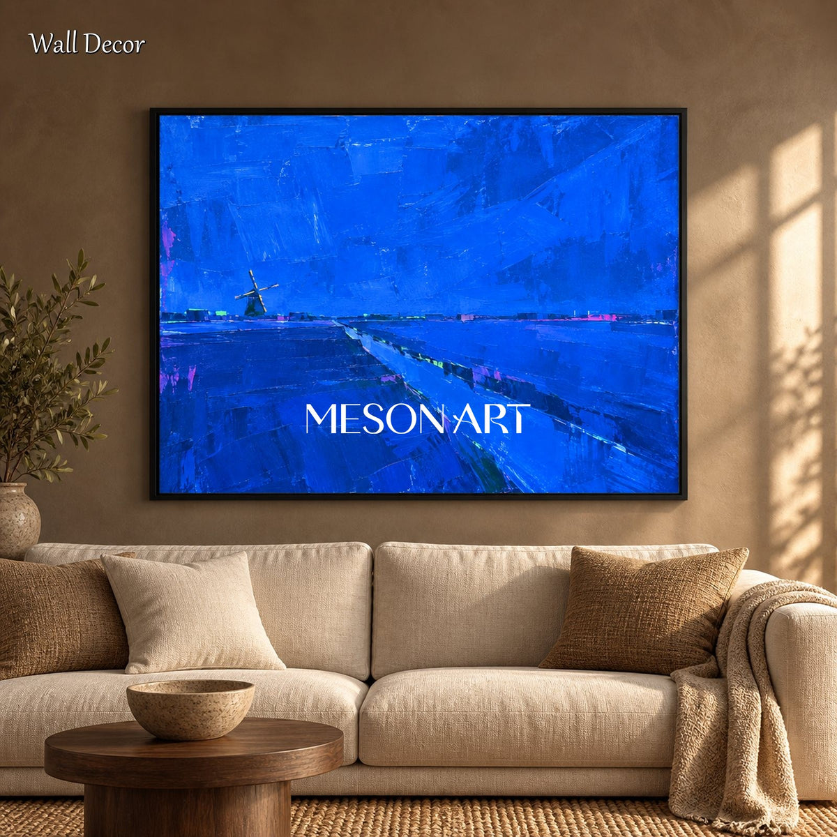 Blue Abstract Painting Rectangular Wall Art Organic Modern Landscape Original Artist By Mesonart