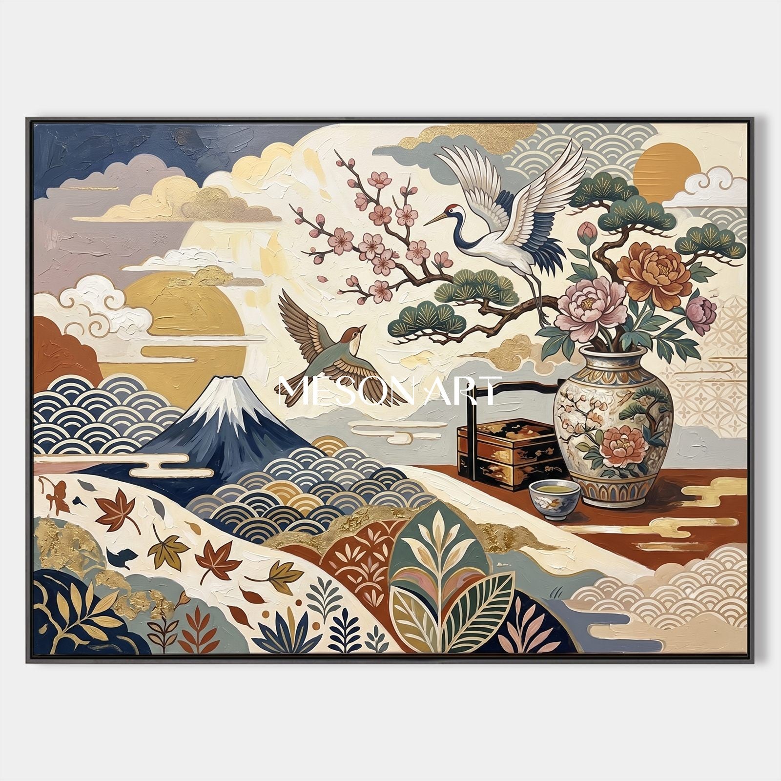 Japanese Ukiyo-E Crane Art With Gold Texture For Living Room Decor