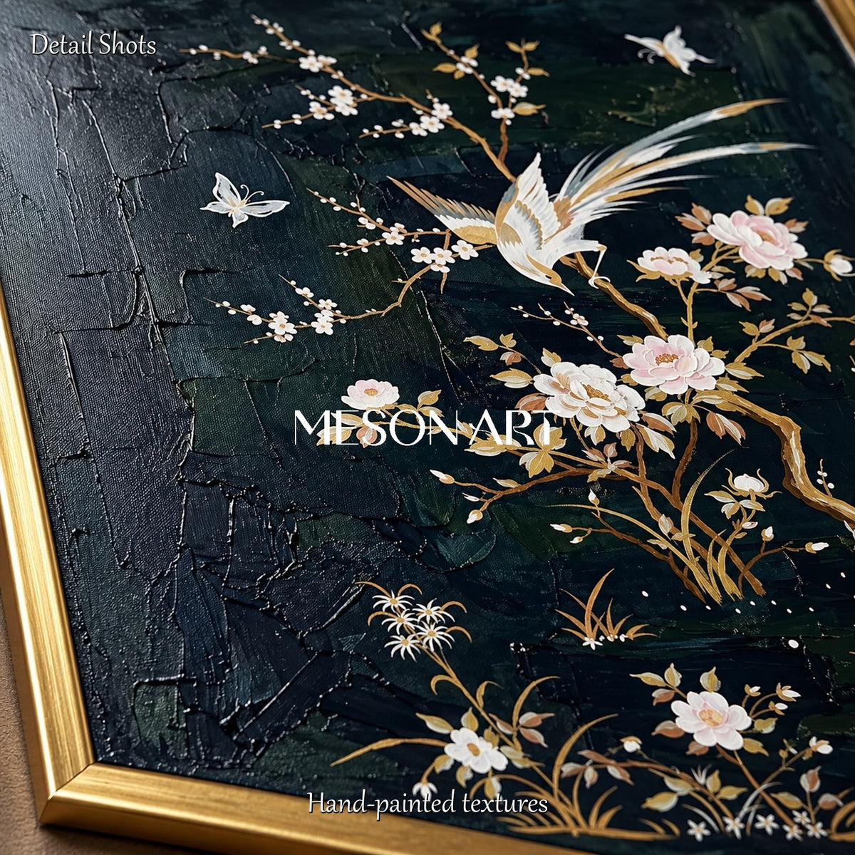 Black And White Japanese Style Floral Painting Rectangular Wall Art Original Artist Hand Painted By Mesonart