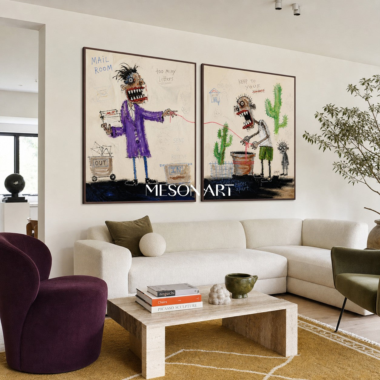 Beige And Purple Graffiti Figurative Cartoon Narrative Art Rectangular Wall Decor For Living Room By Mesonart