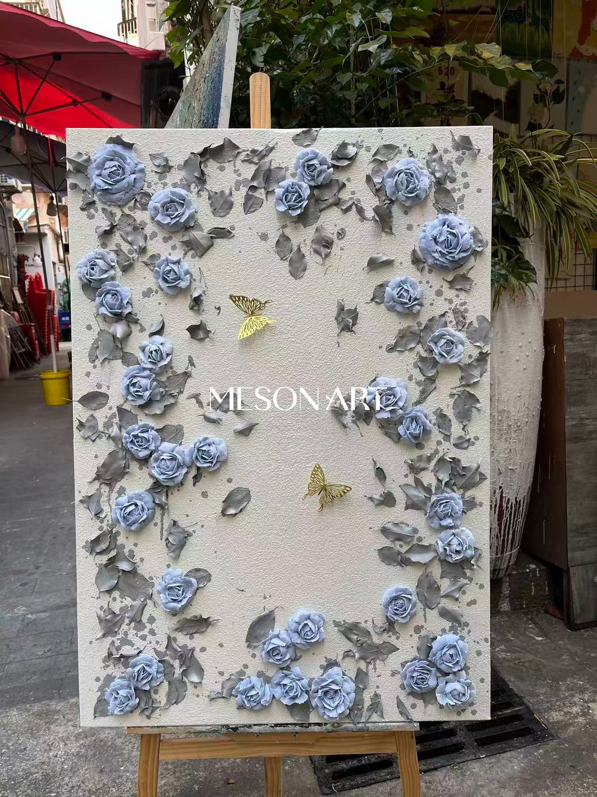 Blue And Gray Botanical Painting Original Hand Painted Modern Organic Wall Art Rectangular Canvas By Mesonart
