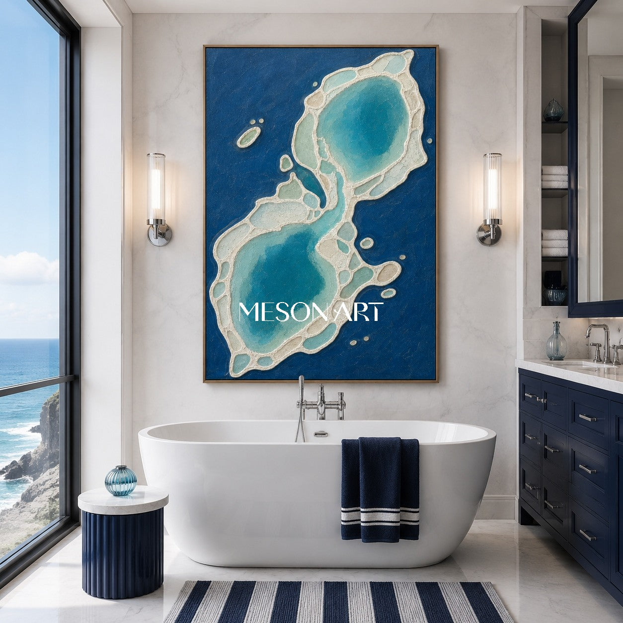 Azure Biomorphic Ocean Art With Soft Impasto Texture For Modern Living Room Decor