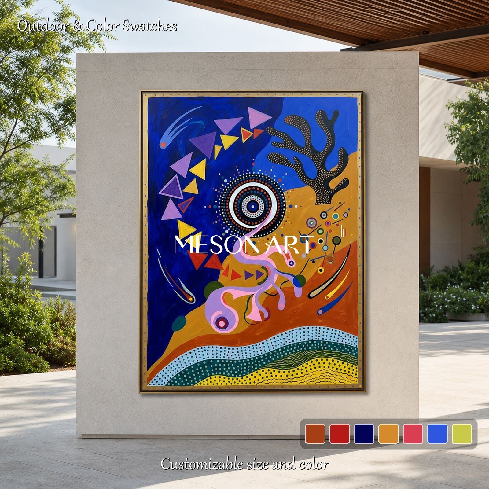 Vibrant Abstract Painting With Geometric Shapes And Blue Gold Tones For Contemporary Home Decor